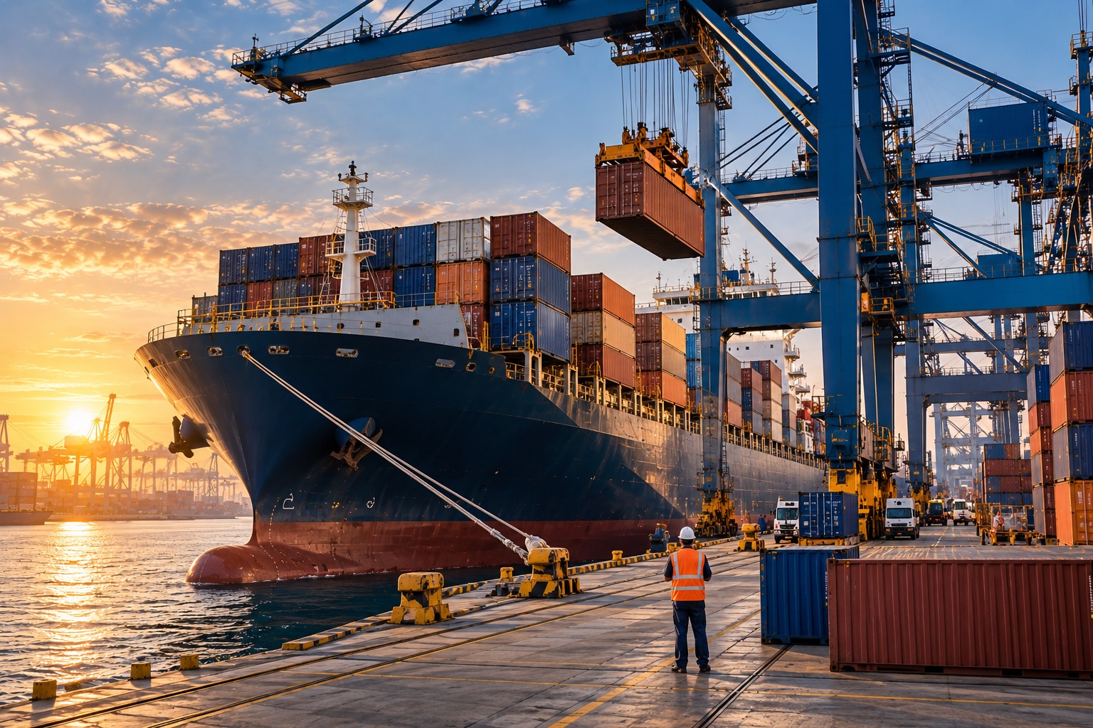 Container vessel at berth beneath port cranes